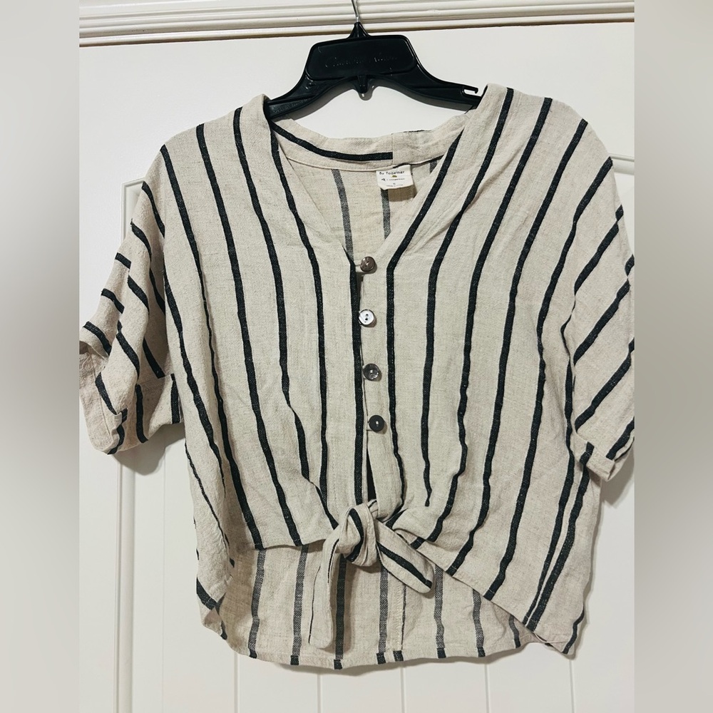 By Together Black and Cream Striped Top Size Medium Linen